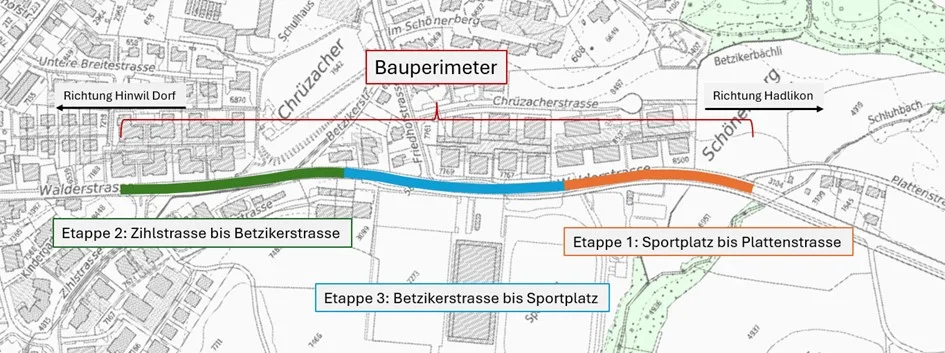 Auf diesem Abschnitt wird die Walderstrasse saniert. Karte der geplanten Baustelle in Hinwil